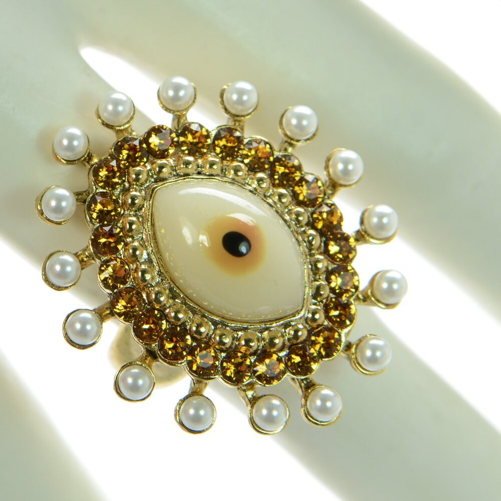 Oscar De La Renta Gold-tone Crystal & Pearl Eye Ring